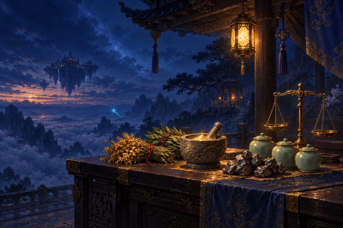 Herbs tied in red cord, a mortar of glowing powder, iron ore, celadon jars and a brass balance on a lantern-lit workbench at night.