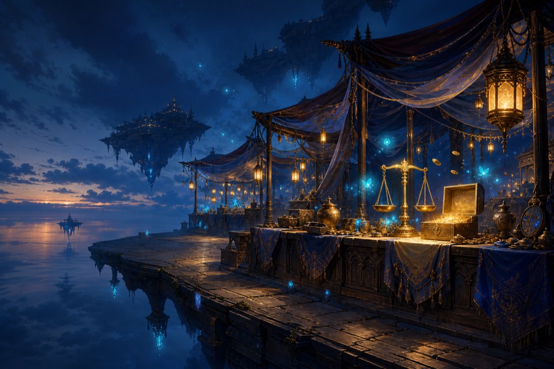 A lantern-lit night market on a stone pier over still water, a merchant table holding gold coins and a brass balance scale.