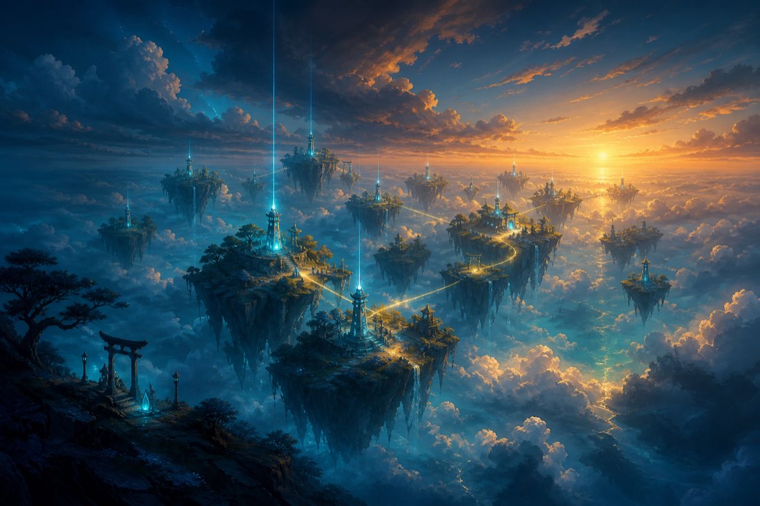 Floating islands topped with pagodas and beams of light, drifting over a sea of clouds at sunset.
